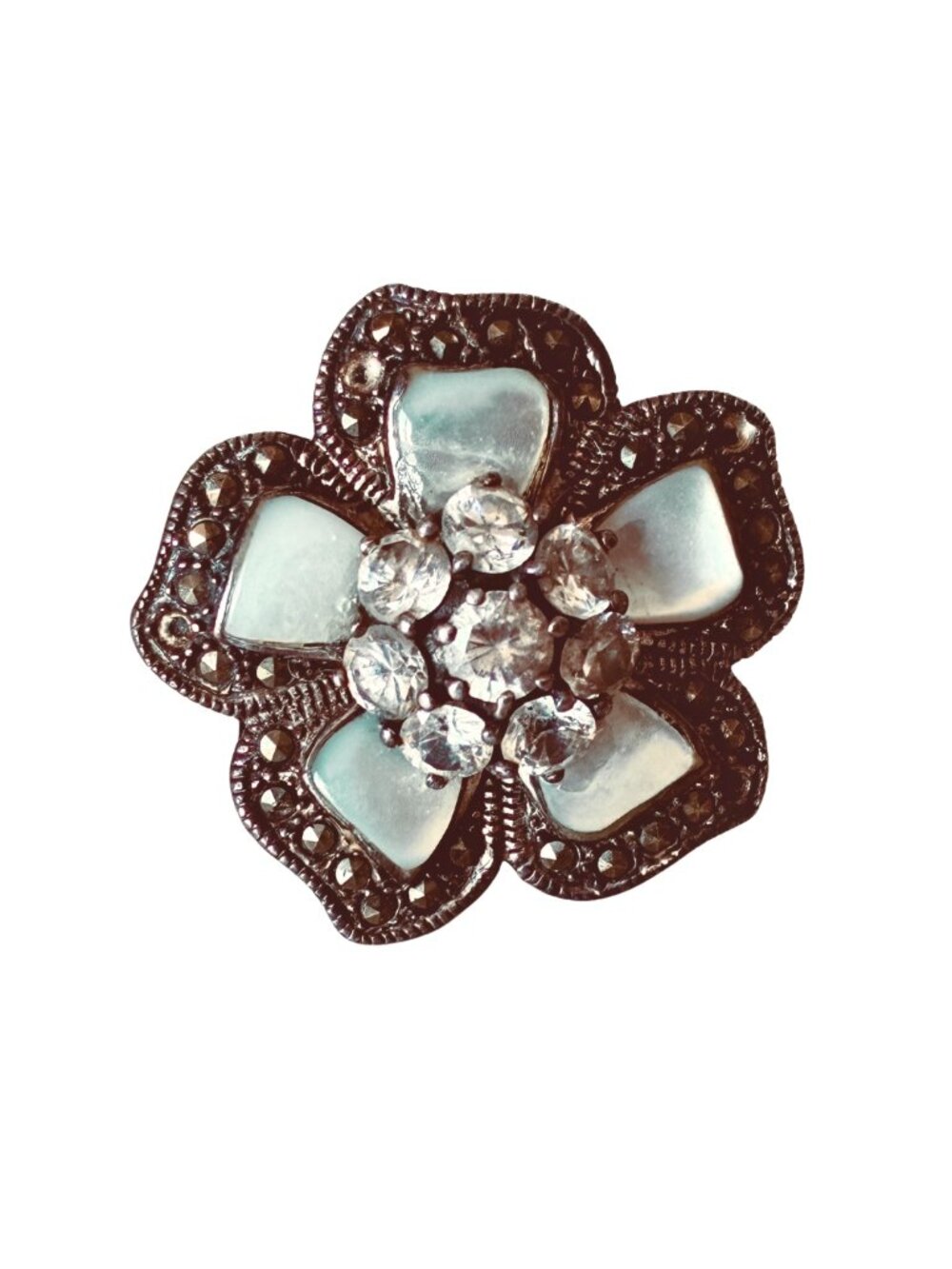 Vintage Moonstone and Crystal Flower Sterling Cocktail Ring